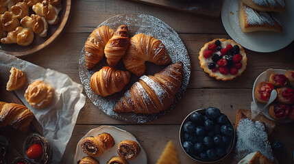 A top-down view of a rustic wooden bakery table filled with fresh croissants fruit tarts and éclairs.