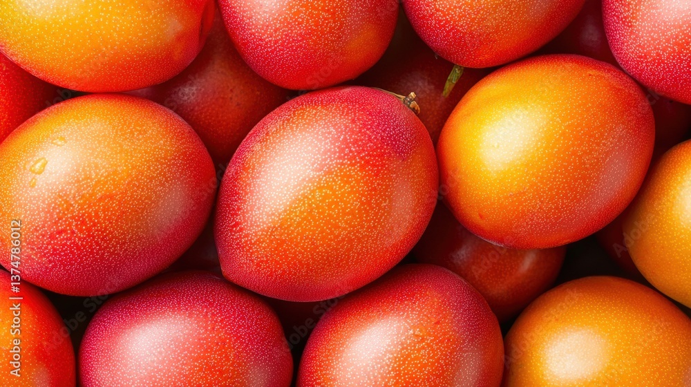 Poster close-up of a group of red and orange tomatoes. the tomatoes are arranged in a pile, with some overl