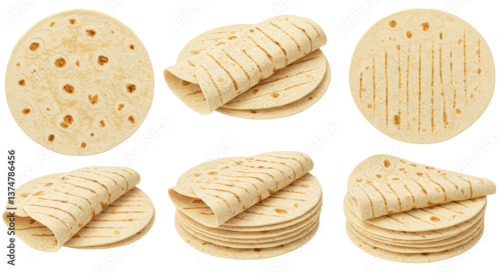 Poster a view of several tortilla wraps stacked and arranged on a plain background in a studio shot
