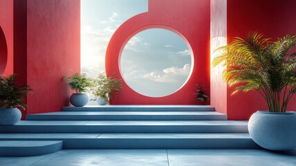 Geometric Contrast: Modern Architecture with Vibrant Red Walls and Circular Openings Amidst Greenery