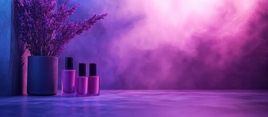 Refined Radiance: Purple Vase and Cosmetic Bottles Design Against a Gradient Background of Pink and Purple Hues