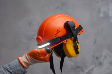 A construction worker hand in an orange glove holds an orange hard hat with a headlamp and ear protection. Concept safety and professionalism on a worksite. © vadish