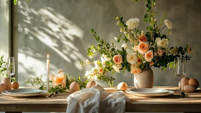 Elegant table setting with peach and white flowers, eggs, and candlelight.