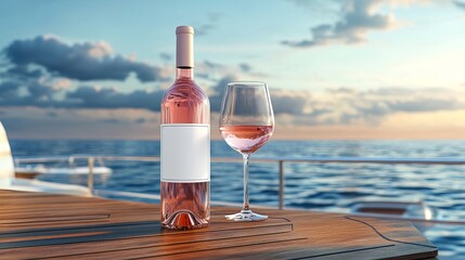 Pink Wine Bottle Glass Yacht Luxury Summer Sunset Ocean View Relaxing Vacation Elegant Drink Beverage Alcohol Rose Wine Romantic Cruise Scenic        