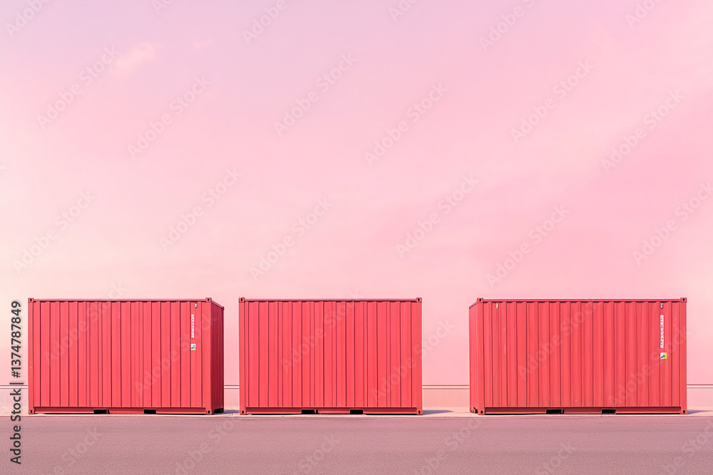 Poster Three red shipping containers against a pink sky, creating a minimalist and colorful scene, showcasing potential for advertisement or design projects