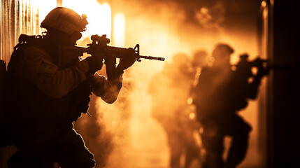  A group of SWAT team members, dressed in tactical gear, advance with rifles in a modern corridor, exuding strength, determination, and readiness for action in high-stakes environments