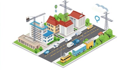 Isometric city street scene with construction