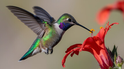 Fototapeta premium A breathtaking close-up of a hummingbird hovering mid-air, its iridescent green feathers shimmering in the sunlight 2