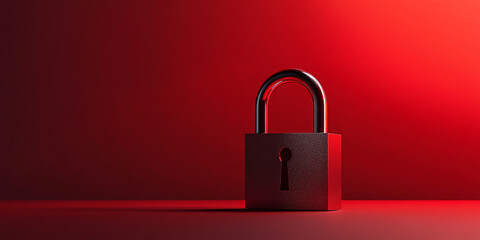 Metal padlock on red background, showcasing security and protection concept.  Simple, bold design, ideal for safety or privacy themes. Free space for text