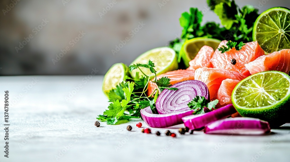 Poster a colorful array of fruits and veggies on a table with an onion, lemon, parsley, and cilantro