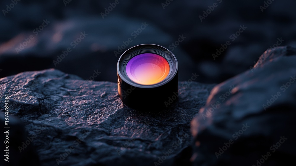 Aufkleber close-up of a camera lens resting on a rocky surface. the lens is in focus, while the background is 