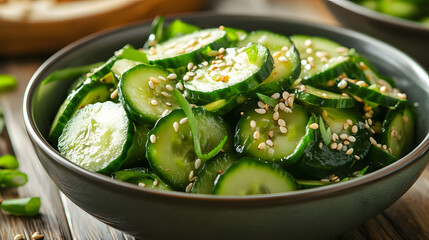 A fresh Asian cucumber salad with sesame seeds and a soy ginger dressing.