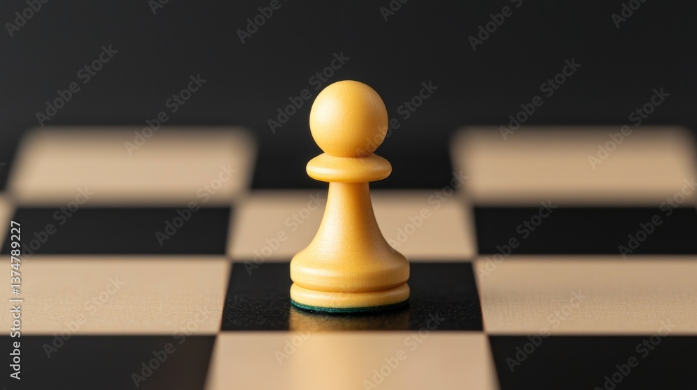 Poster close-up of a chessboard with a single pawn on it. the pawn is made of wood and is painted in a ligh