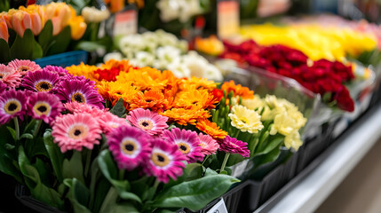 A fresh flower section in a supermarket with colorful bouquets on display.