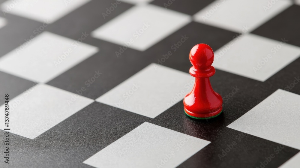 Poster red pawn on a black and white chessboard. the pawn is standing upright on the board, facing towards 