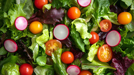 A fresh garden salad with mixed greens radishes and cherry tomatoes.