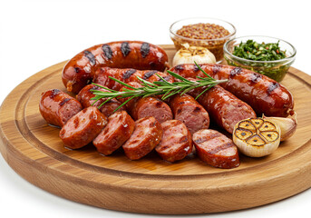 Artisan grilled sausages with gourmet side dishes on board.