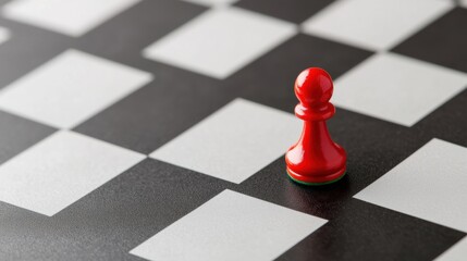 Red pawn on a black and white chessboard. the pawn is standing upright on the board, facing towards the right side of the image. it has a round head with a pointed top and a small body.