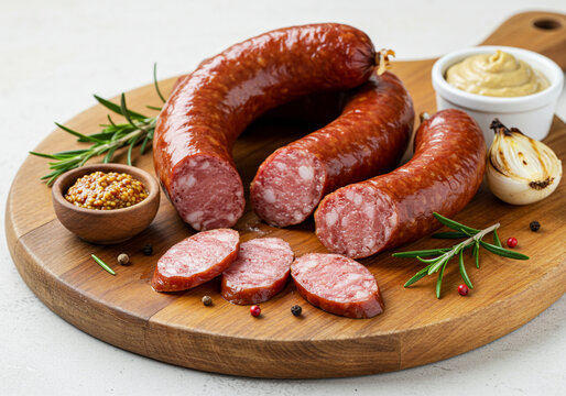 Lingui&ccedil;a Blumenau fatiada com acompanhamentos em t&aacute;bua de madeira.