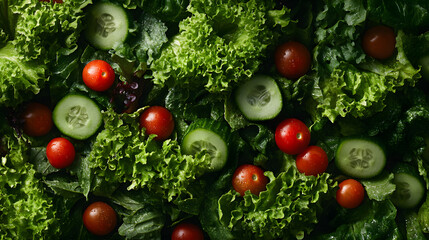 A fresh green salad with crisp lettuce cucumber and cherry tomatoes.