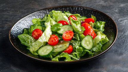 A fresh green salad with crisp lettuce cucumber and cherry tomatoes.