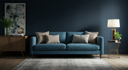 A serene living room, bathed in soft twilight hues, featuring a plush teal sofa adorned with plush neutral pillows, inviting relaxation and tranquility against a deep navy wall.