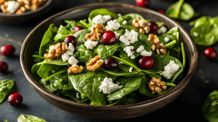 A fresh spinach salad with walnuts cranberries and goat cheese.