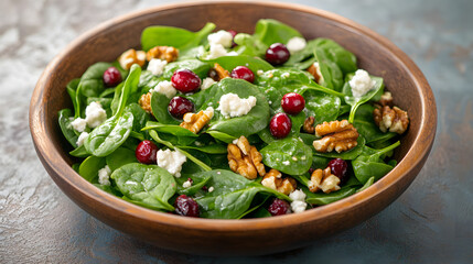 A fresh spinach salad with walnuts cranberries and goat cheese.