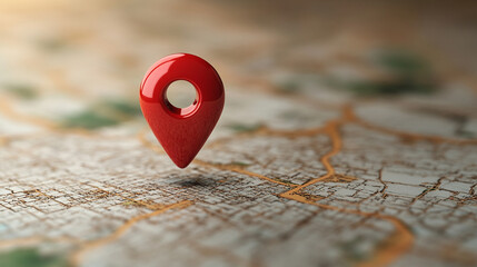 A glossy red location pin hovers over a stark white plane, creating a minimalist and modern aesthetic with a soft shadow beneath. The vibrant pop of color symbolizes precision and direction.

