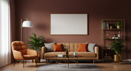 A relaxing living room, bathed in warm, golden light, featuring a plush tan sofa adorned with burnt orange and grey throw pillows, complemented by a stylish armchair and a minimalist gold shelf.