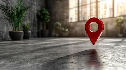 A glossy red location pin hovers over a stark white plane, creating a minimalist and modern aesthetic with a soft shadow beneath. The vibrant pop of color symbolizes precision and direction.

