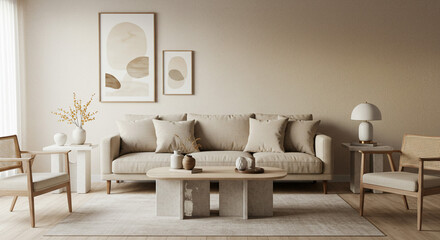 Serene beige living room, minimalist design, featuring a cozy sofa and elegant neutral tones creating a calming atmosphere.
