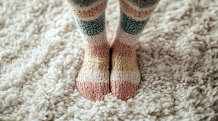 Person Standing on Textured White Carpet Wearing Cozy Pastel Socks