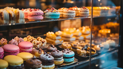 A beautifully arranged pastry shop window displaying colorful macarons éclairs and cakes under warm lighting.