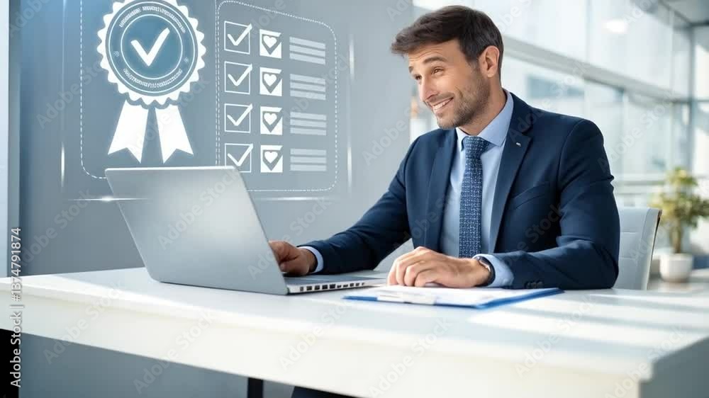 Poster Man in suit working on laptop with checklist graphic overlay in bright office environment setting