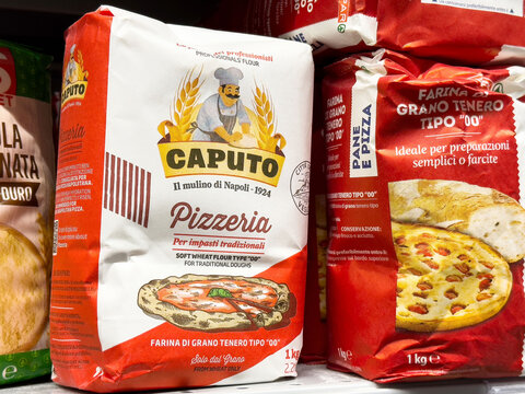 Caputo pizzeria flour bags on store shelf for traditional italian pizza dough