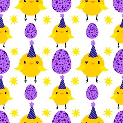 Easter chicken and eggs seamless birds pattern for wrapping paper and fabrics