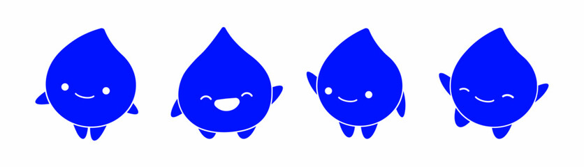 Set of four cheerful blue water droplet characters in different playful poses and facial expressions on a white background.