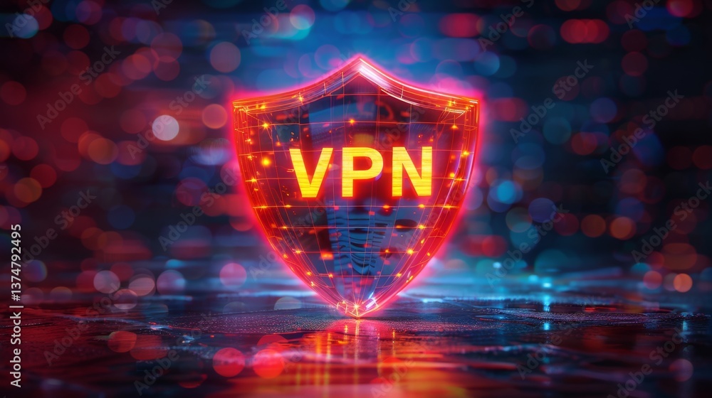Poster protecting online privacy with a digital shield representing secure internet connections and vpn tec