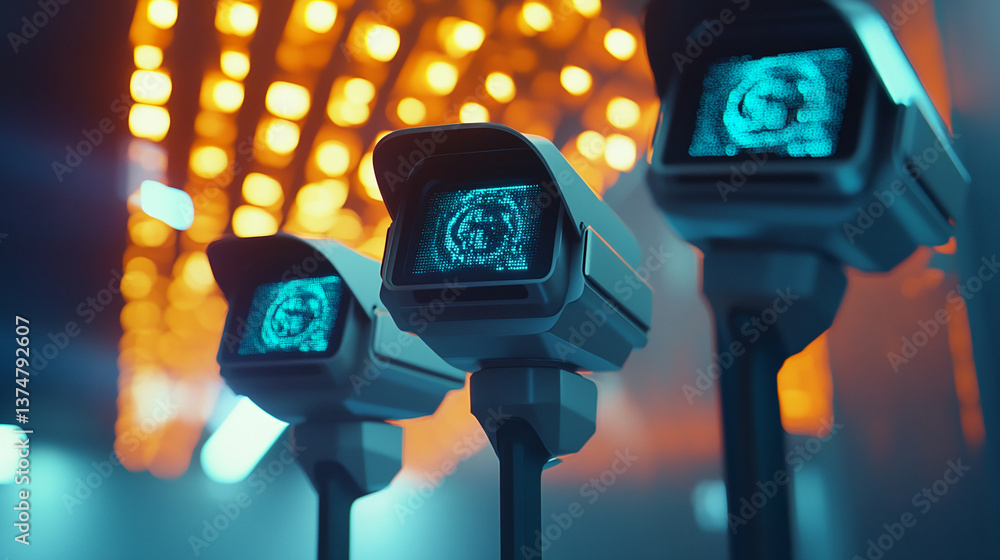 Poster Close-up of futuristic security cameras displaying digital data, set against a blurred background of warm and cool lights, showcasing technological surveillance and data monitoring