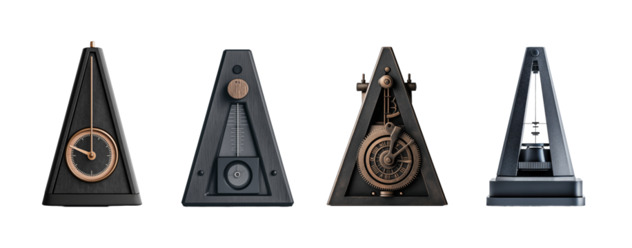 Collection of vintage metronomes displayed on a white background showcasing diverse designs and mechanisms in music timekeeping
