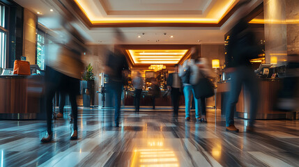 A busy hotel reception during peak check-in time with multiple guests waiting.