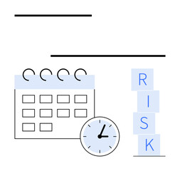 Calendar with clock symbolizing time management. Stacked blue blocks spelling RISK highlight strategic planning. Ideal for business planning, decision-making, deadlines, schedules, productivity