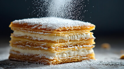 A close-up of a perfectly layered mille-feuille being delicately dusted with powdered sugar.