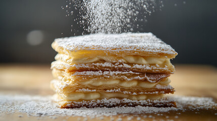 A close-up of a perfectly layered mille-feuille being delicately dusted with powdered sugar.