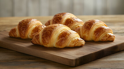 A close-up of golden-brown croissants fresh from the oven placed on a wooden bakery counter.