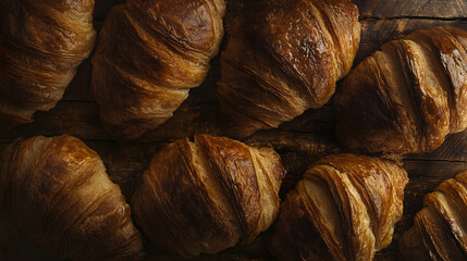 A close-up of golden-brown croissants fresh from the oven placed on a wooden bakery counter.
