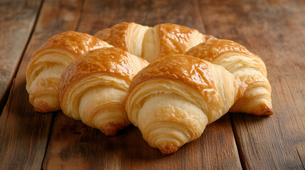 A close-up of golden-brown croissants fresh from the oven placed on a wooden bakery counter.
