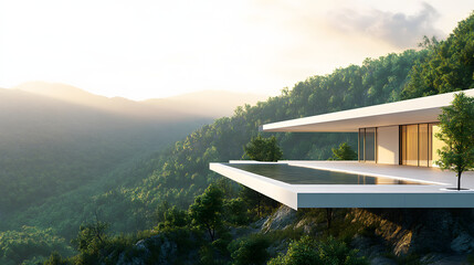 A contemporary minimalist mountain villa with a cantilevered design floating above the forested landscape with breathtaking views.