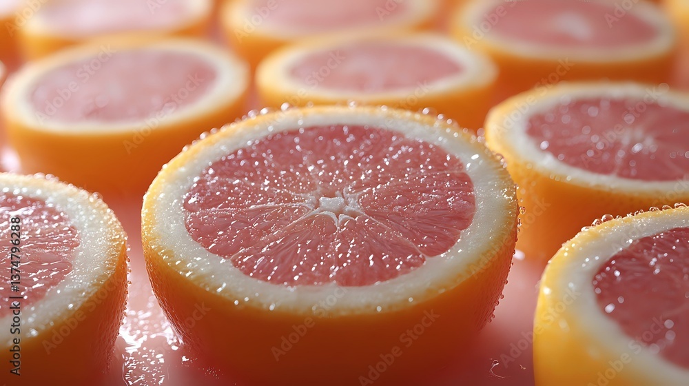 Poster fresh pink grapefruit slices arranged in rows showing juicy pulp and rind, macro food photography wi